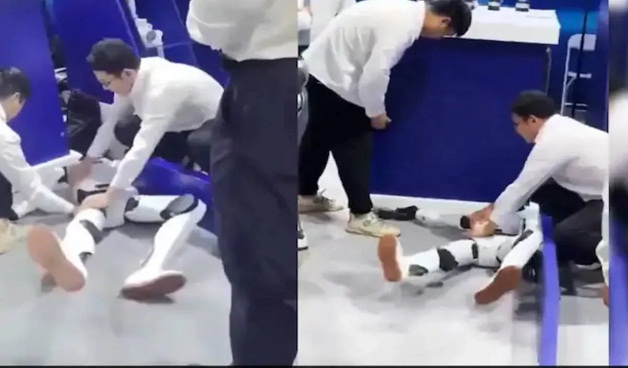 মাটিতে শুয়ে হাত-পা ছুড়ছে রোবট! শিশুর মতো এমন কাণ্ডে অবাক দর্শকরা